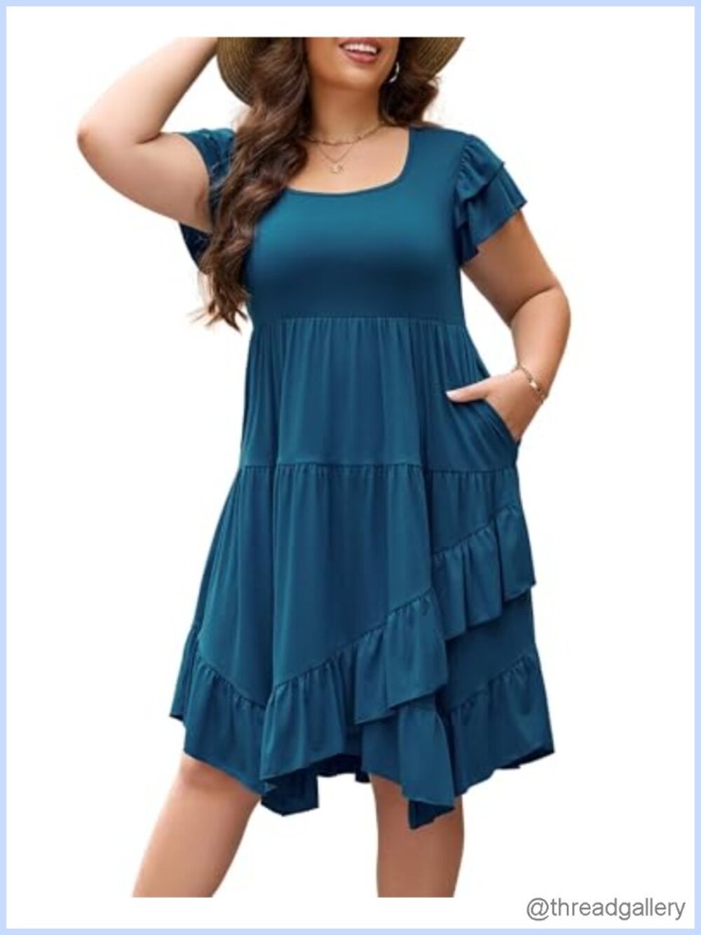 Plus Size Casual Dress Square Neck Double Ruffle Sleeve Pockets Flowy